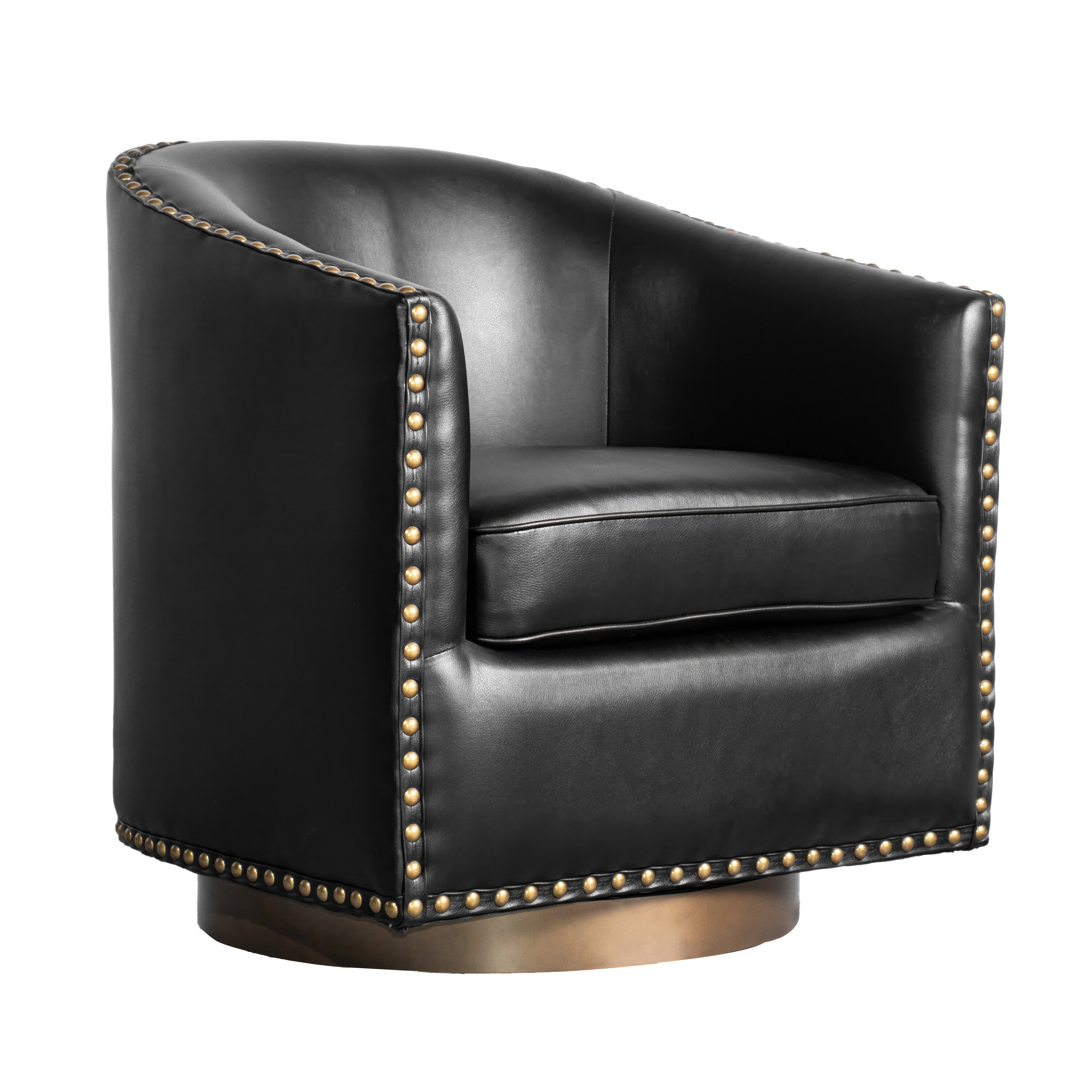 Flash Furniture 196861111860 Myles Club Style Commercial Barrel Accent Armchair with 360° Swivel Metal Base and Black Leathersoft Upholstery with Brass Decorative Nail Head Trim