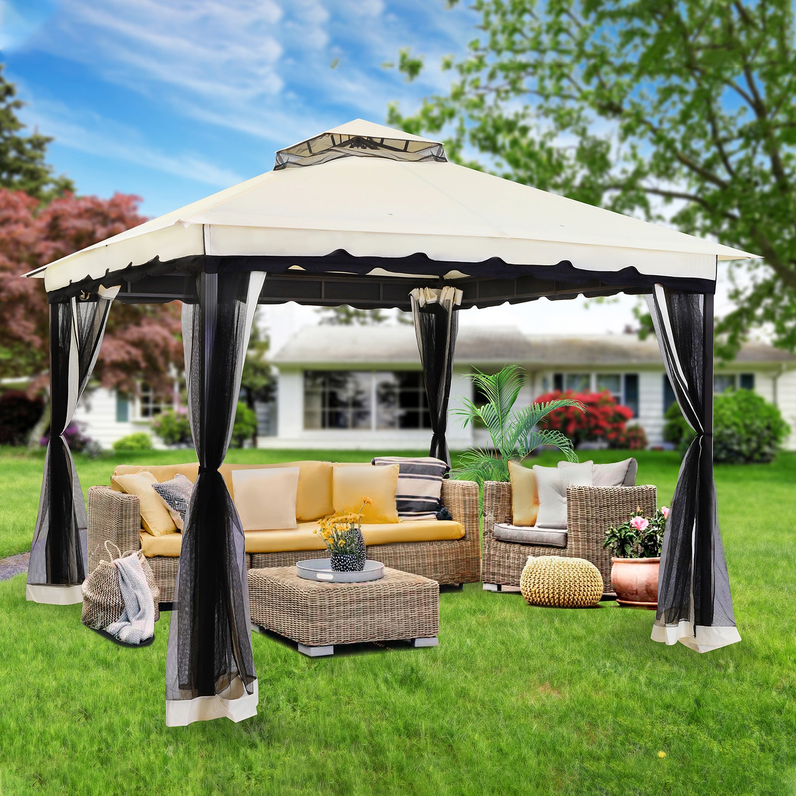 StarEcho 13-ft x 10-ft Patio gazebo with Netting Rectangle Cream Metal ...