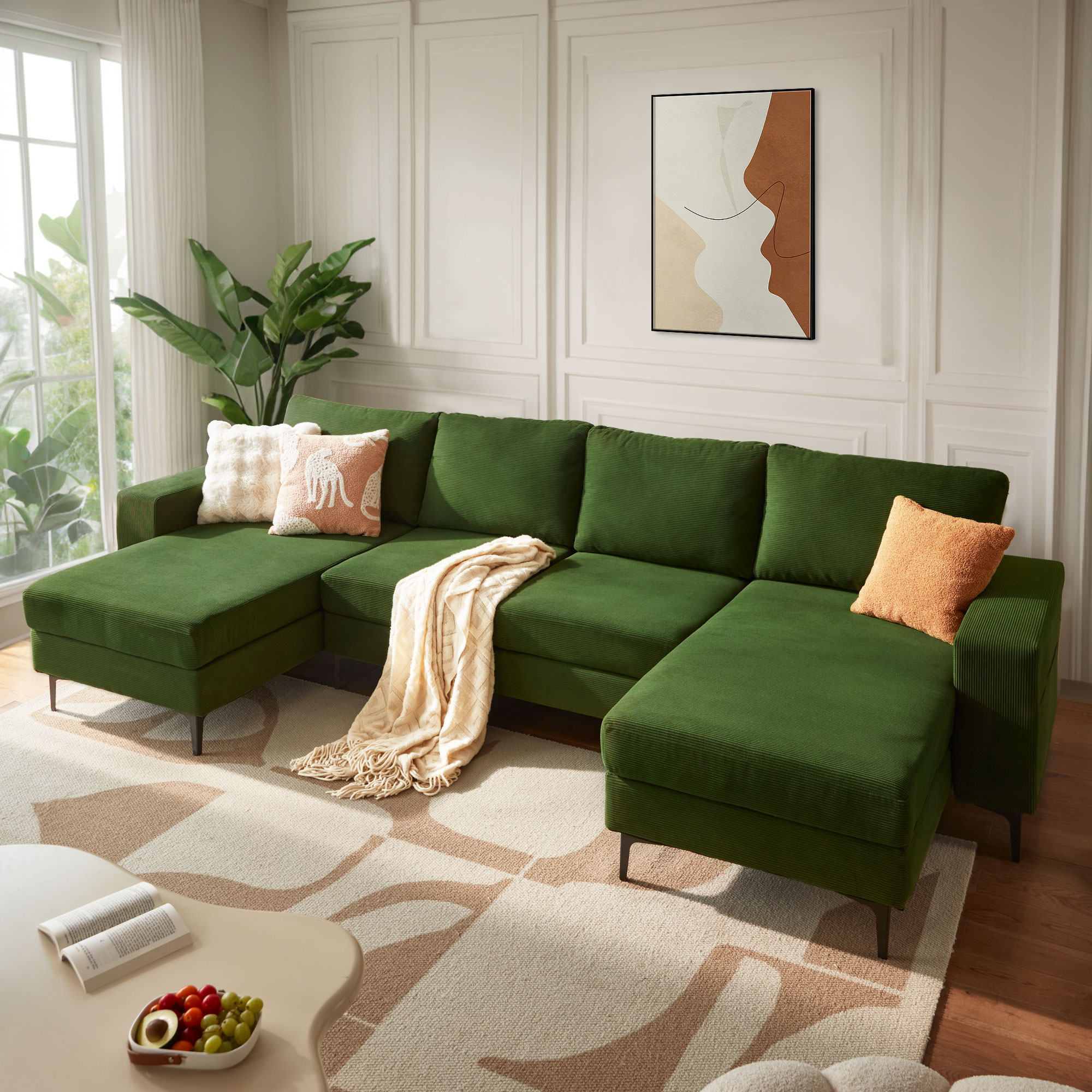 weaxty DCDKI2660 125.98-in Modern Atrovirens Corduroy Sofa