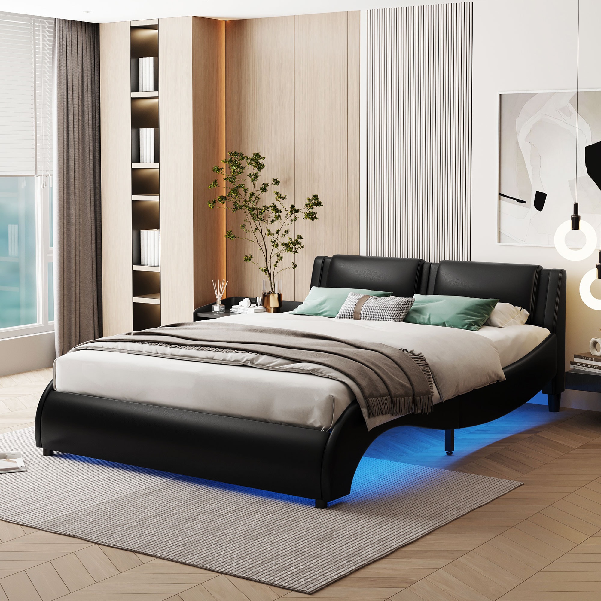ModernLuxe WF296647AAB Full Size Upholstered Faux Leather Platform Bed with LED Light Bed Frame with Slatted  Black