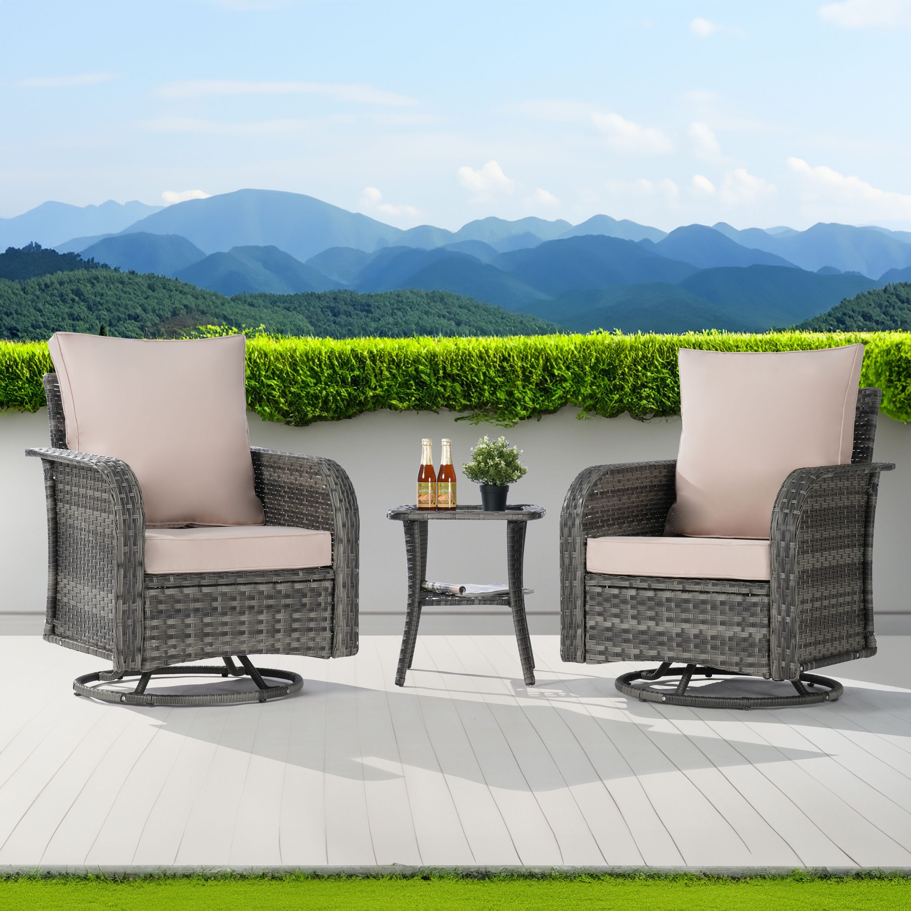 SANSTAR L-WS-S8-LY-V1 Patio Conversation Set 3 -Piece Wicker Patio Conversation Set with Gray Cushions