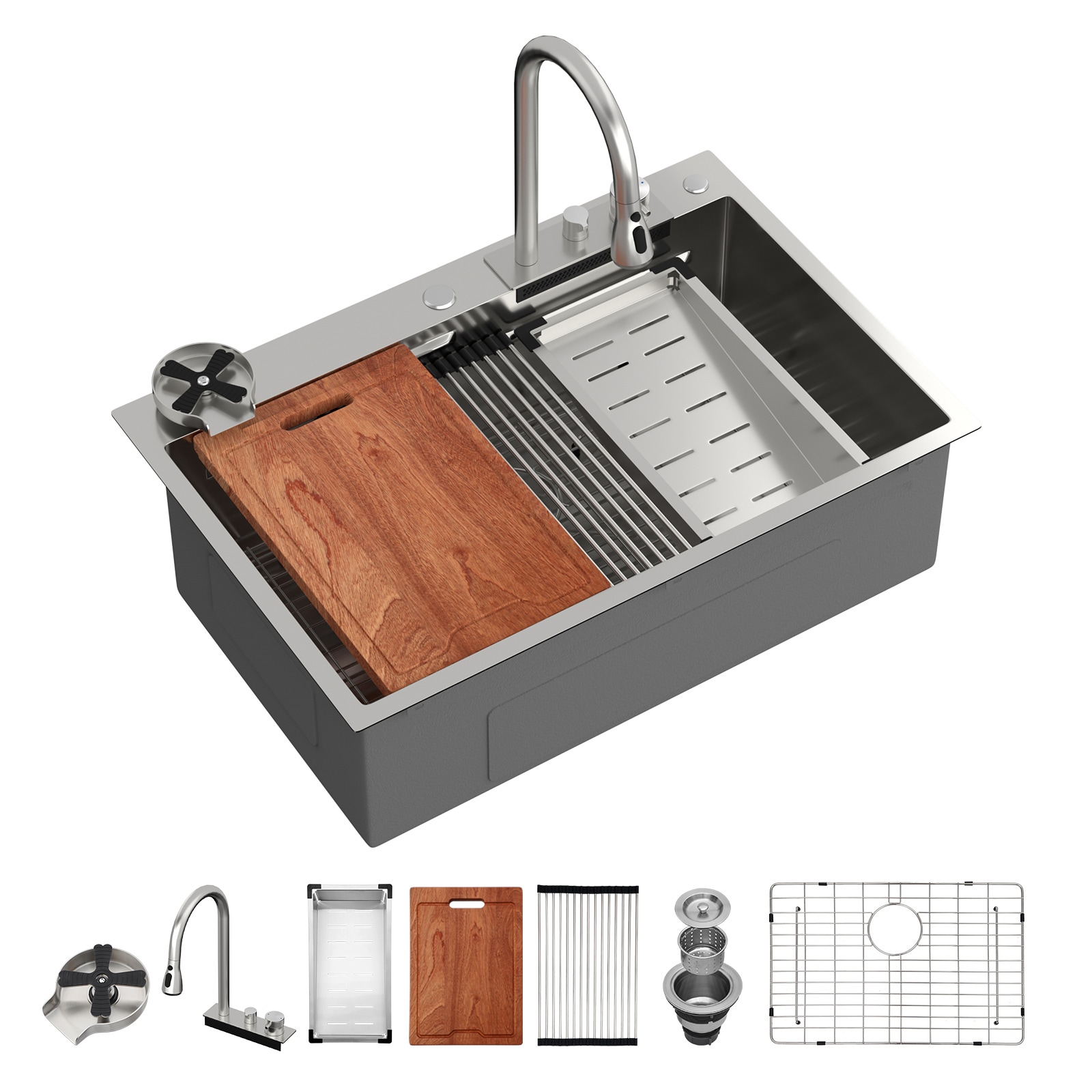 KICHAE Drop-in 33-in x 22-in Stainless steel Single bowl 16-Gauge T304 Workstation Kitchen Sink All-in-One Kit