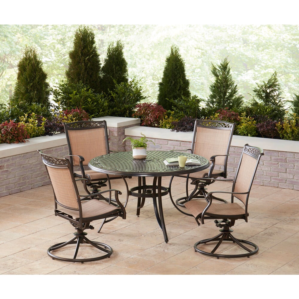 Fontana Bronze 48" Round Cast-Top Table with Tan Sling Swivel Chairs