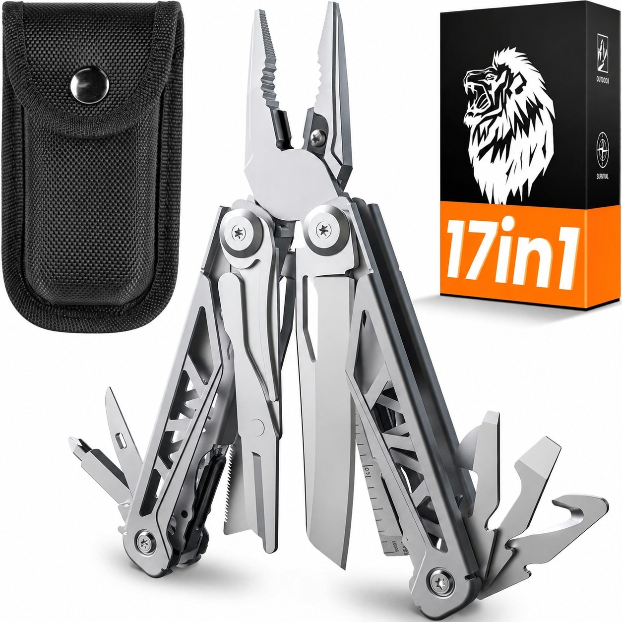 Linder Group Inc Multitool 17 in 1 Stainless Steel Multi Tool Pliers with Self Locking Pocket Knife Nylon Sheath for Camping Survival Hiking Fishing Outdoor