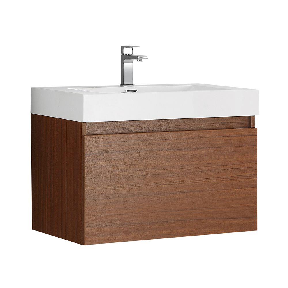 Teak 30" Wall-Mounted Single Sink Bathroom Vanity with Acrylic Top