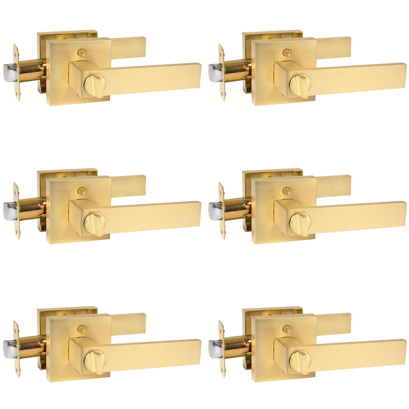 Etokfoks 6 pack privacy door levers satin brass gold square keyless interior handles heavy duty zinc alloy for bedroom and bathroom