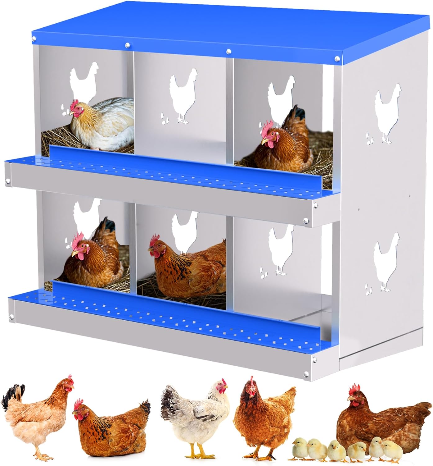 Qeetex WLS-PPG-33LQH3UA 6 Hole Chicken Coop Nesting Box with Ventilation Holes Galvanized Steel Laying Box for Hens Ducks Space Saving Design for Backyard Poultry