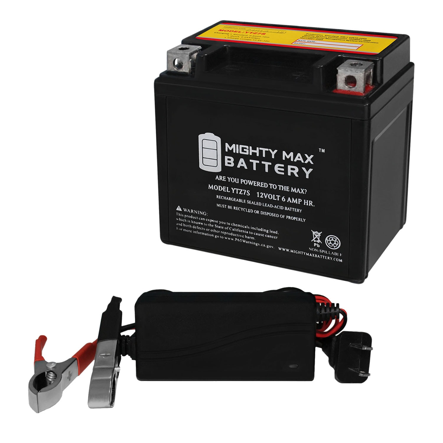 Mighty Max Battery MAX3511335 YTZ7S 12V 6AH for Power Sports + 12V 1Amp Charger Rechargeable Sealed lead acid 1260 Backup power Batteries