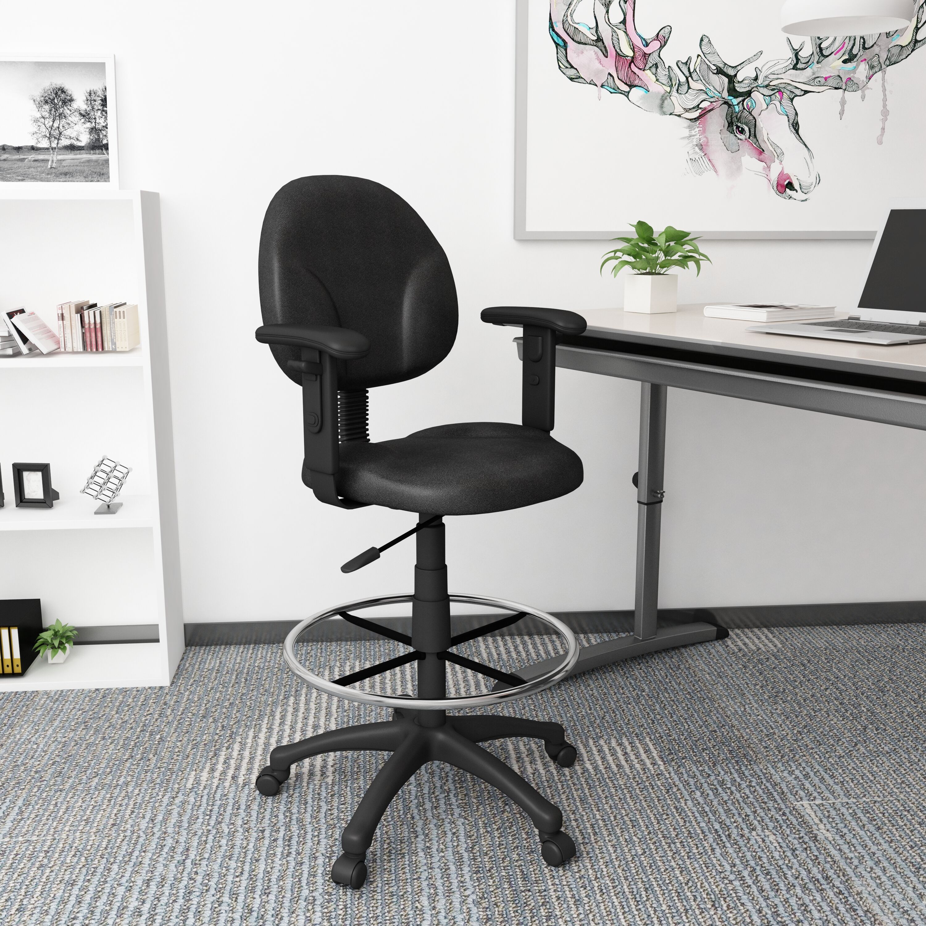 Black Ergonomic Fabric Drafting Stool with Adjustable Arms