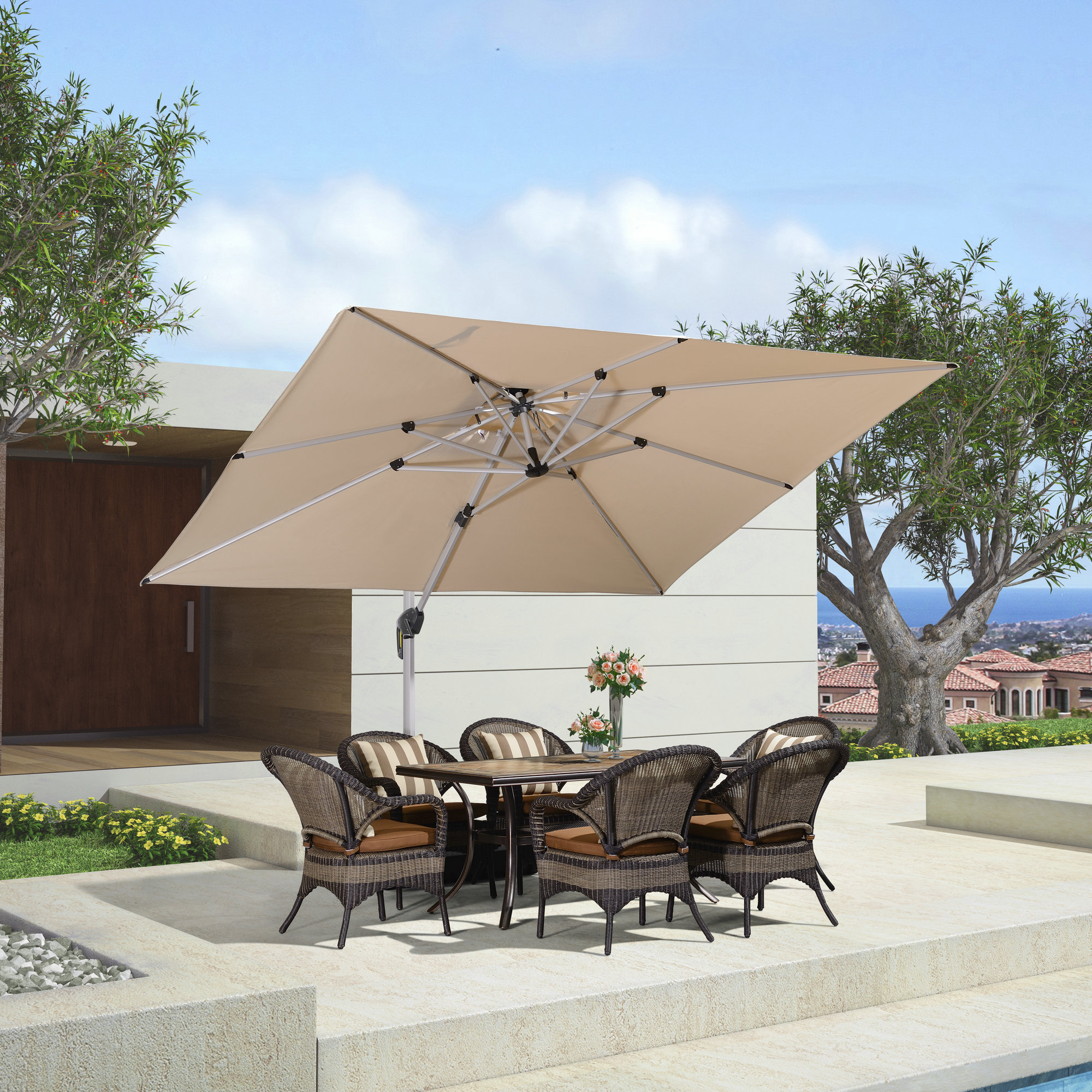 PURPLE LEAF LSLRRC0911-KK 9-ft Aluminum Beige Crank Cantilever Patio Umbrella