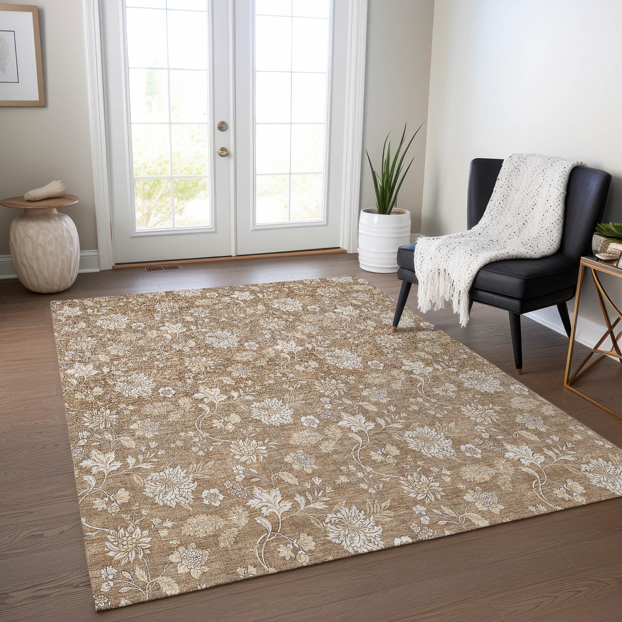 Copper Floral Synthetic 5' x 7' Washable Area Rug