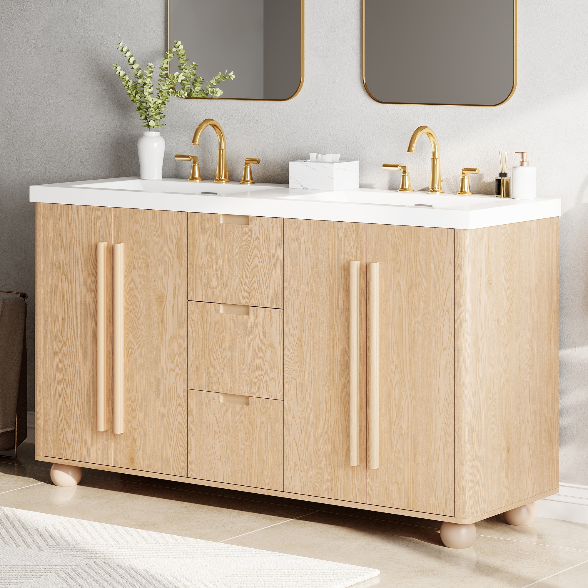 Christopher Knight Home Artisan 59.1 in Double Sink Freestanding Bathroom Vanity with Resin Sinks Adjustable Shelves and Soft-Close Doors and 3 Drawers - Wood Finish