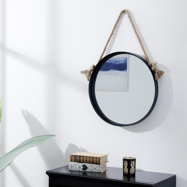 Round Black Metal Framed Wall Mirror, Danya B Round Mirror With Hanging Rope In Gold