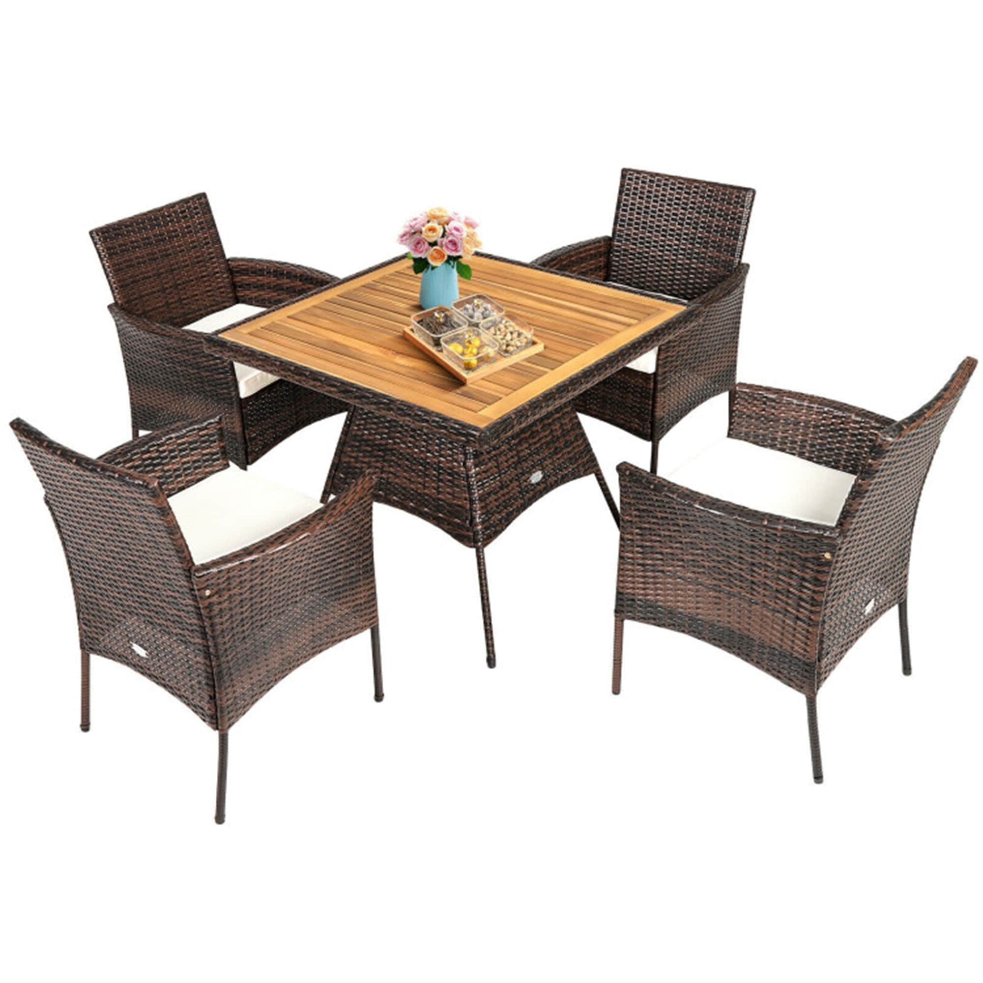 BABOOM BOM-09ANY+-CO Rattan Dining Set 5 -Piece Mix Brown Rattan Patio Dining Set Wood Square Table with 4 Off-white Cushions Stationary Chairs