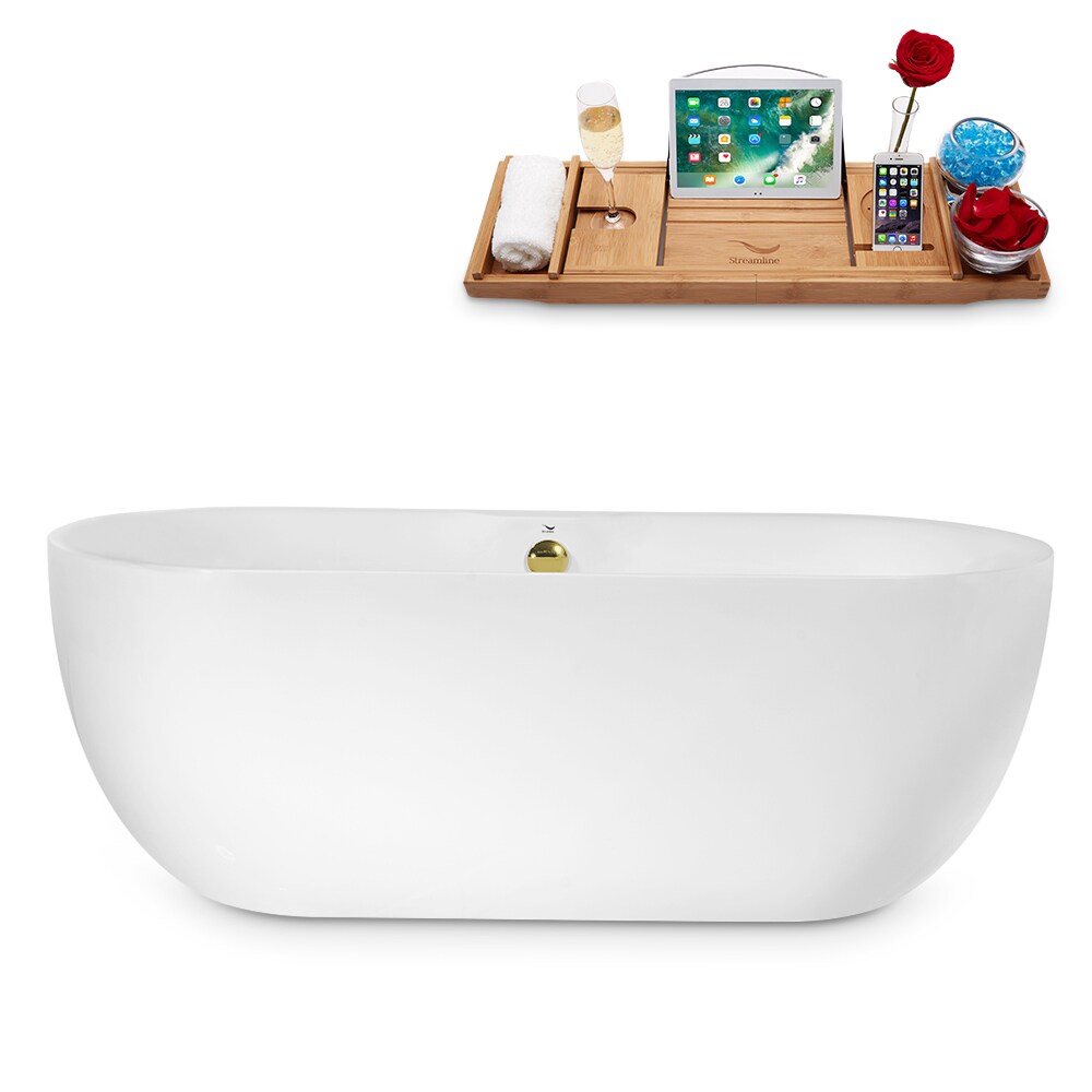Streamline N1800GLD 29.5-in x 66.9-in Glossy White Acrylic Oval Freestanding Soaking bathtub with Drain ( Center Drain )