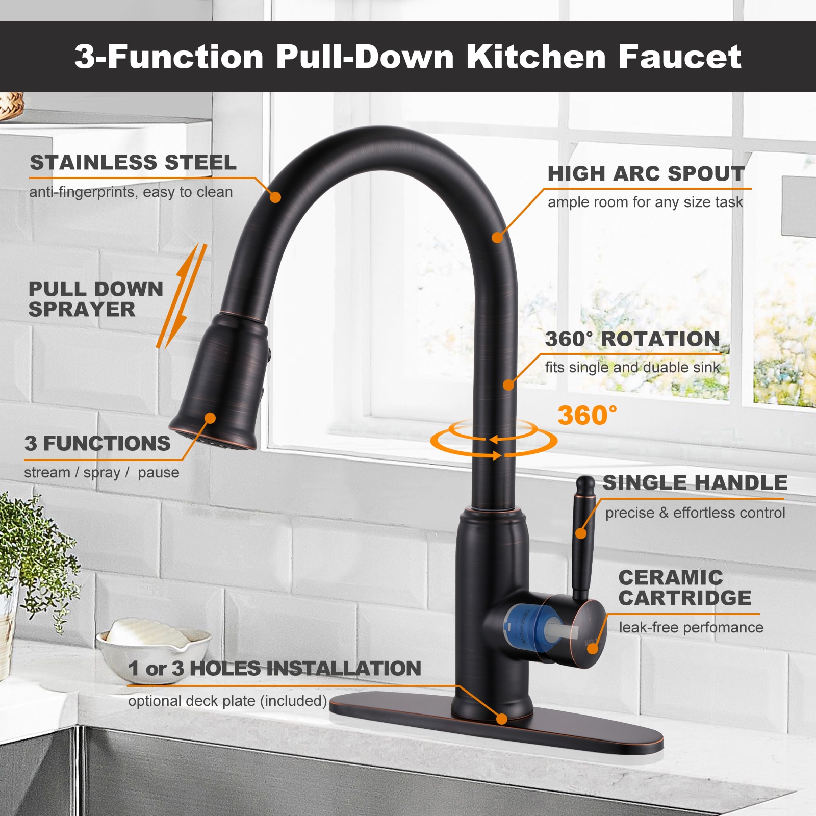 WOWOW Oil Rubbed Bronze Single Handle Kitchen Faucet with Sprayer (Deck ...