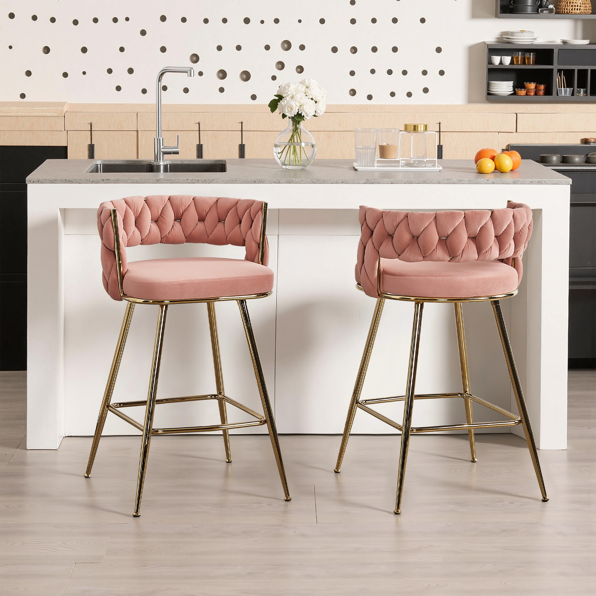 Vecelo LOE-CC-ZL05-PNK-2P Set of 2 Counter Height Bar Stools Velvet Seat with Metal Frame Durable and Comfortable Kitchen Island Chairs