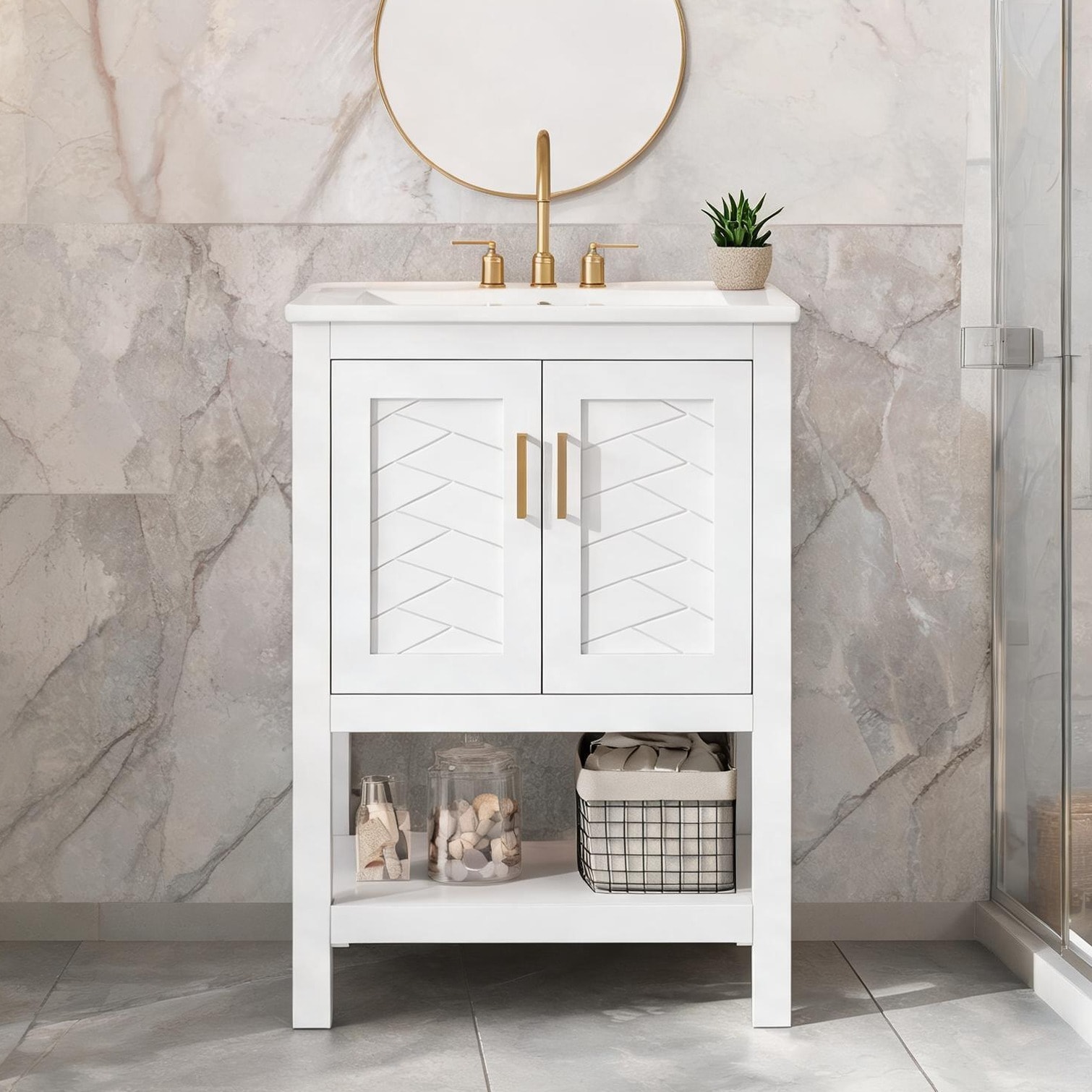 Watnature 24-Inch Bathroom Vanity with Integrated Ceramic Sink Clean White Solid Wood and MDF Soft-Close Door
