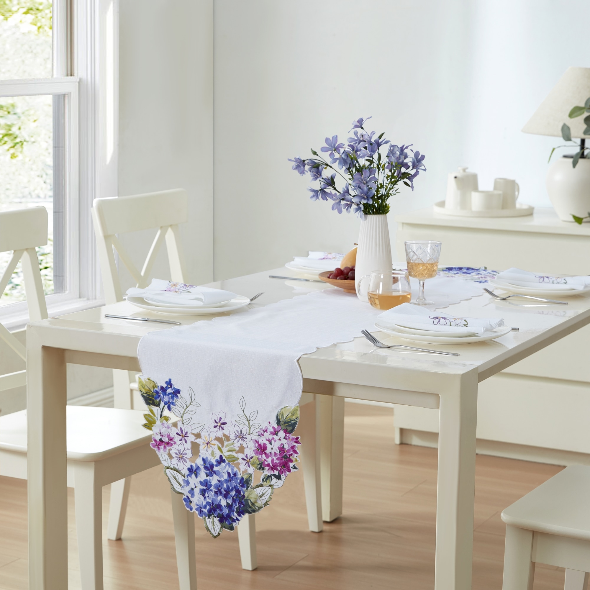 Elrene Home Fashions Spring Hydrangea Cutwork - 13x70 Indoor Multicolor Table Cover for 5-ft rectangle