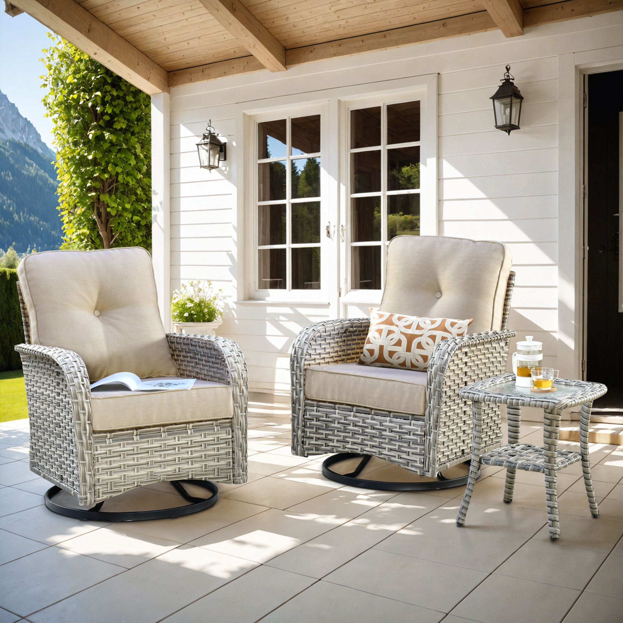 Pouuin SYZVC603 3-Piece Wicker Patio Conversation Set with Beige Cushions