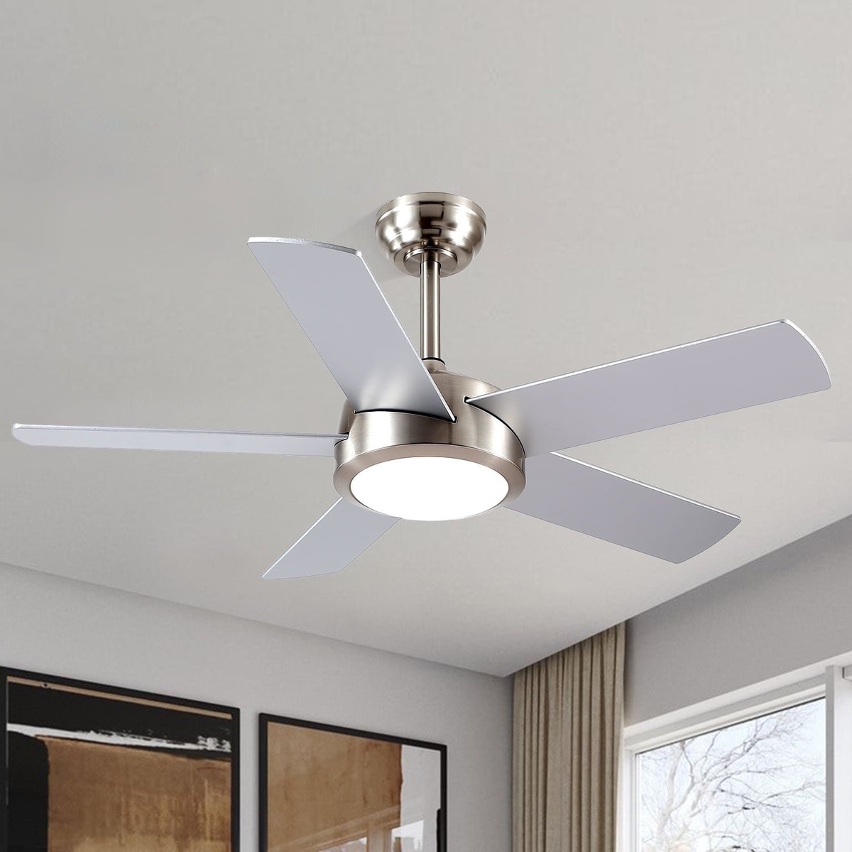 Kviflon  46 in Brushed Nickel Flush Mount Ceiling Fan with Light Contemporary Metal Finish Quiet DC Motor Dual Sided Plywood Blades Remote and App Control 6 Speed Dimmable LED