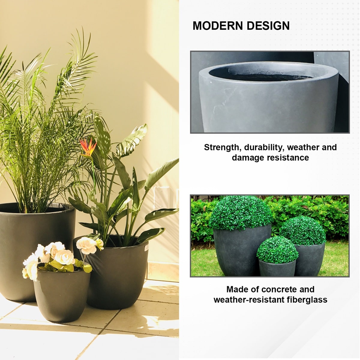 Modern Charcoal Concrete Round Planters, Set of 3