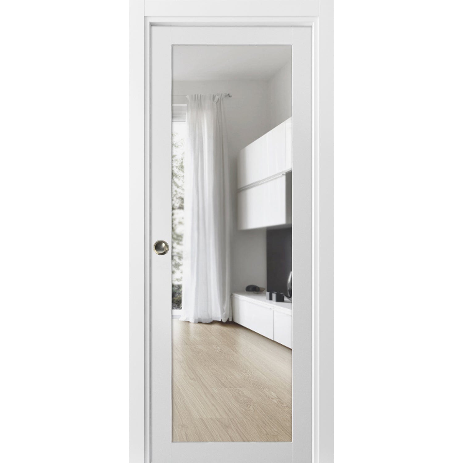 SARTODOORS Sliding French Pocket Door Clear Glass - Lucia 2166 White Silk - Kit Trims Rail Hardware - Solid Wood Interior Bedroom Sturdy Doors-32 x 84