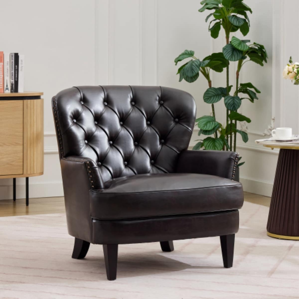 Christopher Knight Home Tafton Vintage-Inspired PU Leather Upholstered Lounge Chair with Nailhead Trim and Elegant Curved Backrest for Comfort - Espresso