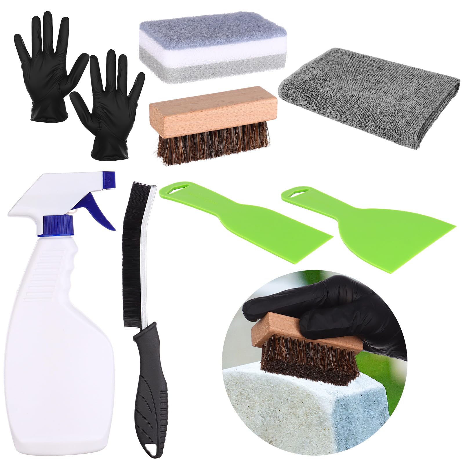 Afoxsos  13 pcs Headstone Cleaner Kit for Grave Tombstone Cleaning Granite and Stone with Spray Bottle Scrub Brush Sponge Towel Gloves Crevice
