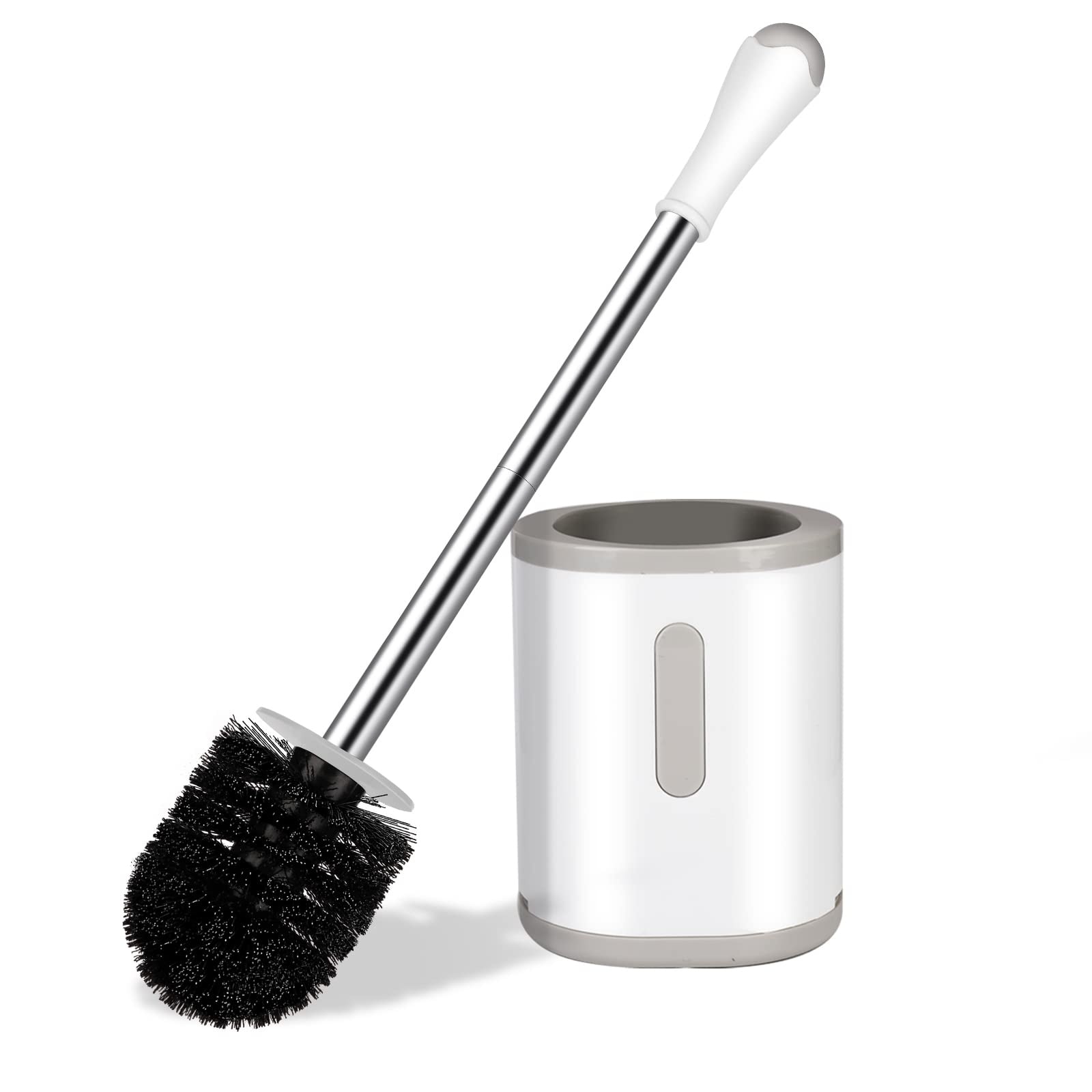 AOIZGMY Compact Toilet Brush and Holder White and Grey Space Saving Storage Stainless Steel Handle Deep Cleaning Durable Nylon Bristles Drip #L05AZ08091