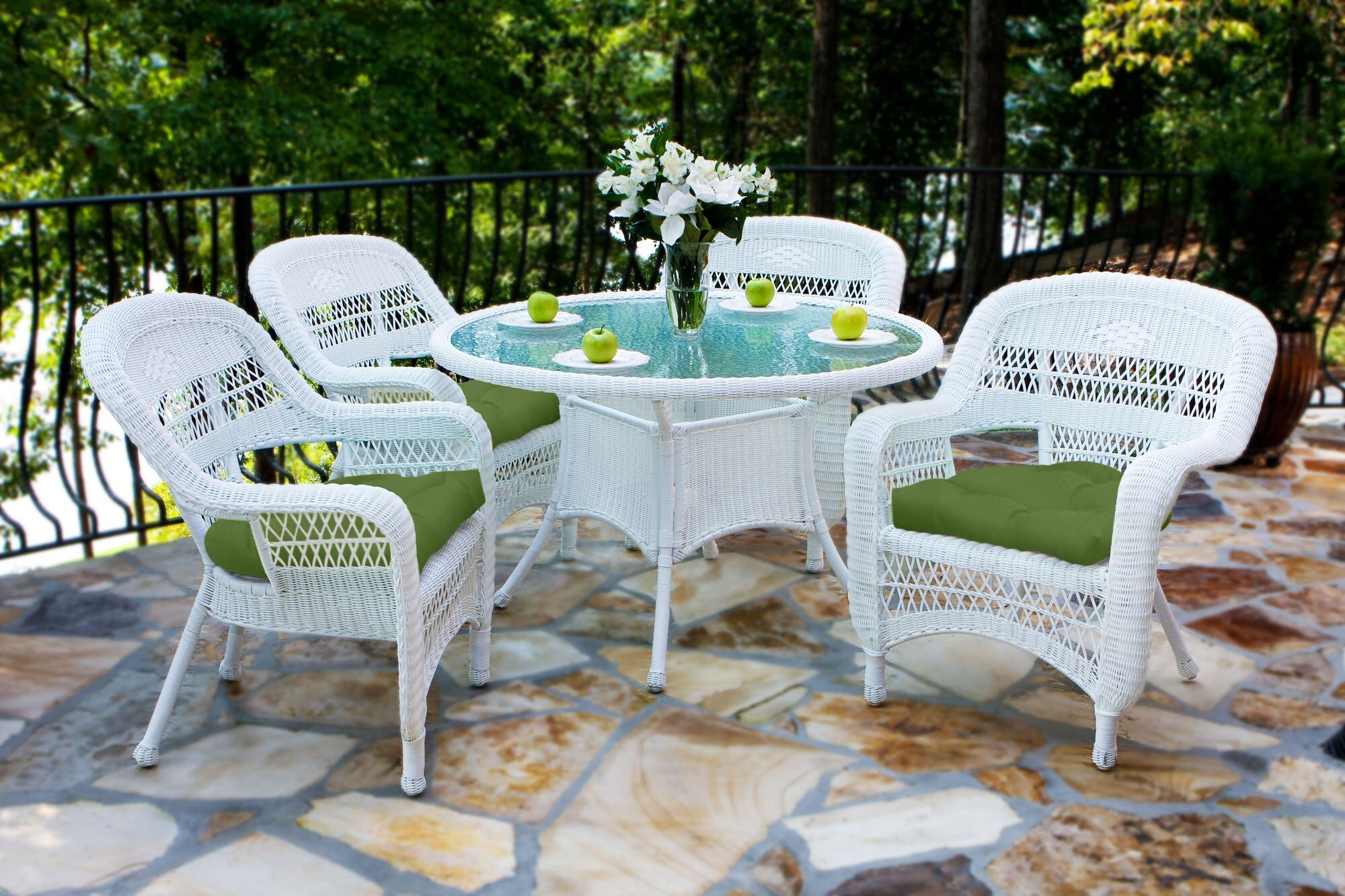 Tortuga Outdoor Portside 5 Piece White Wicker Patio Dining Set Resin Round Table With 4 Green