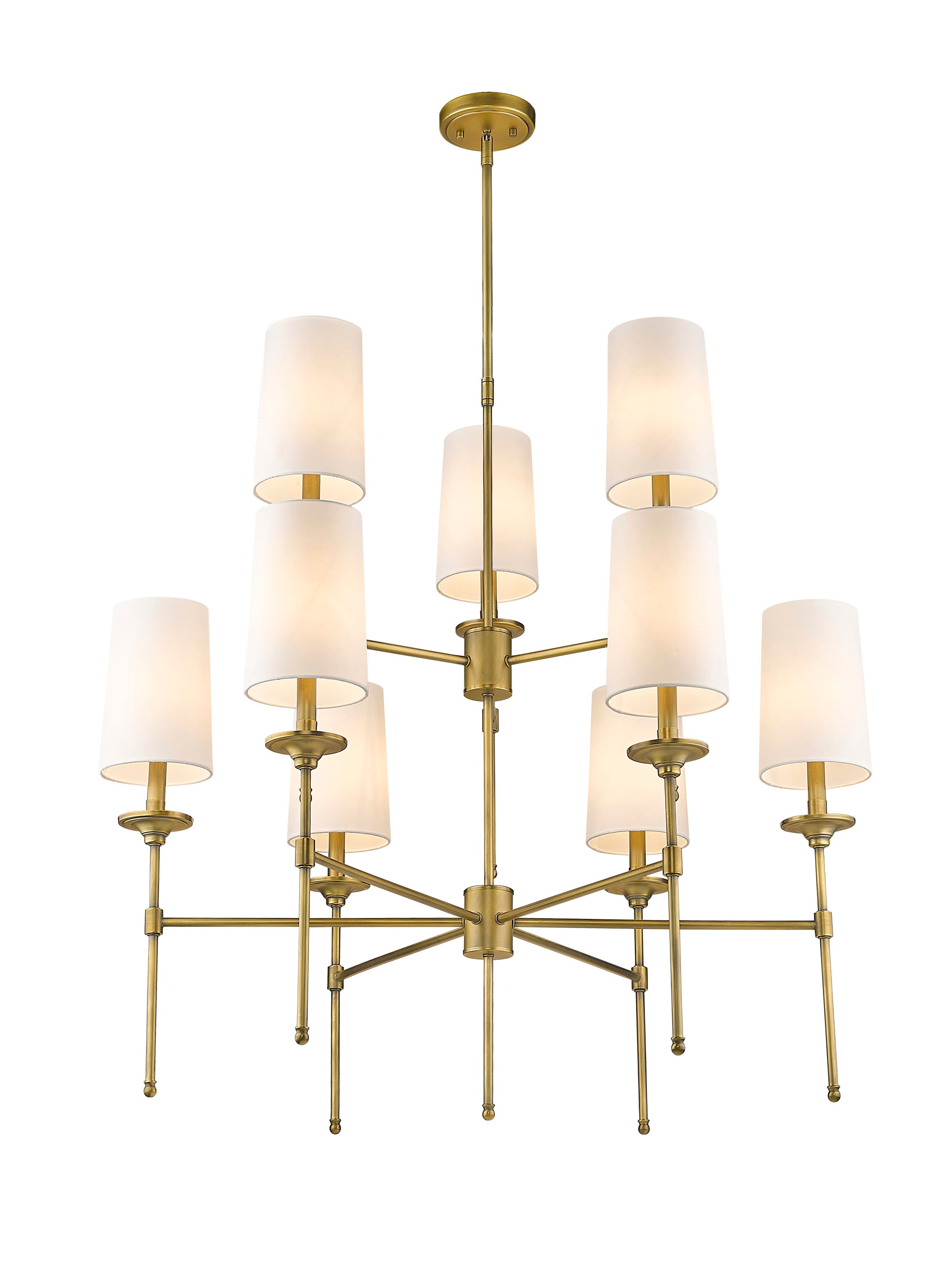 Emily Rubbed Brass 9-Light Chandelier with Off-White Shades