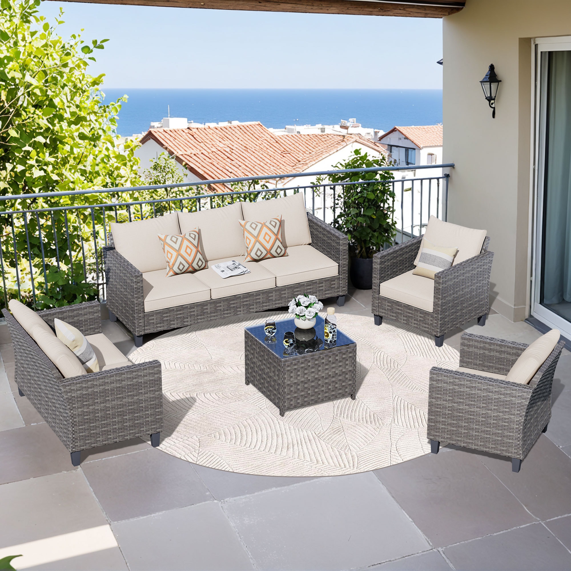 Pouuin SGRS605 5 -Piece Wicker Patio Sofa Conversation Set with Beige Cushions