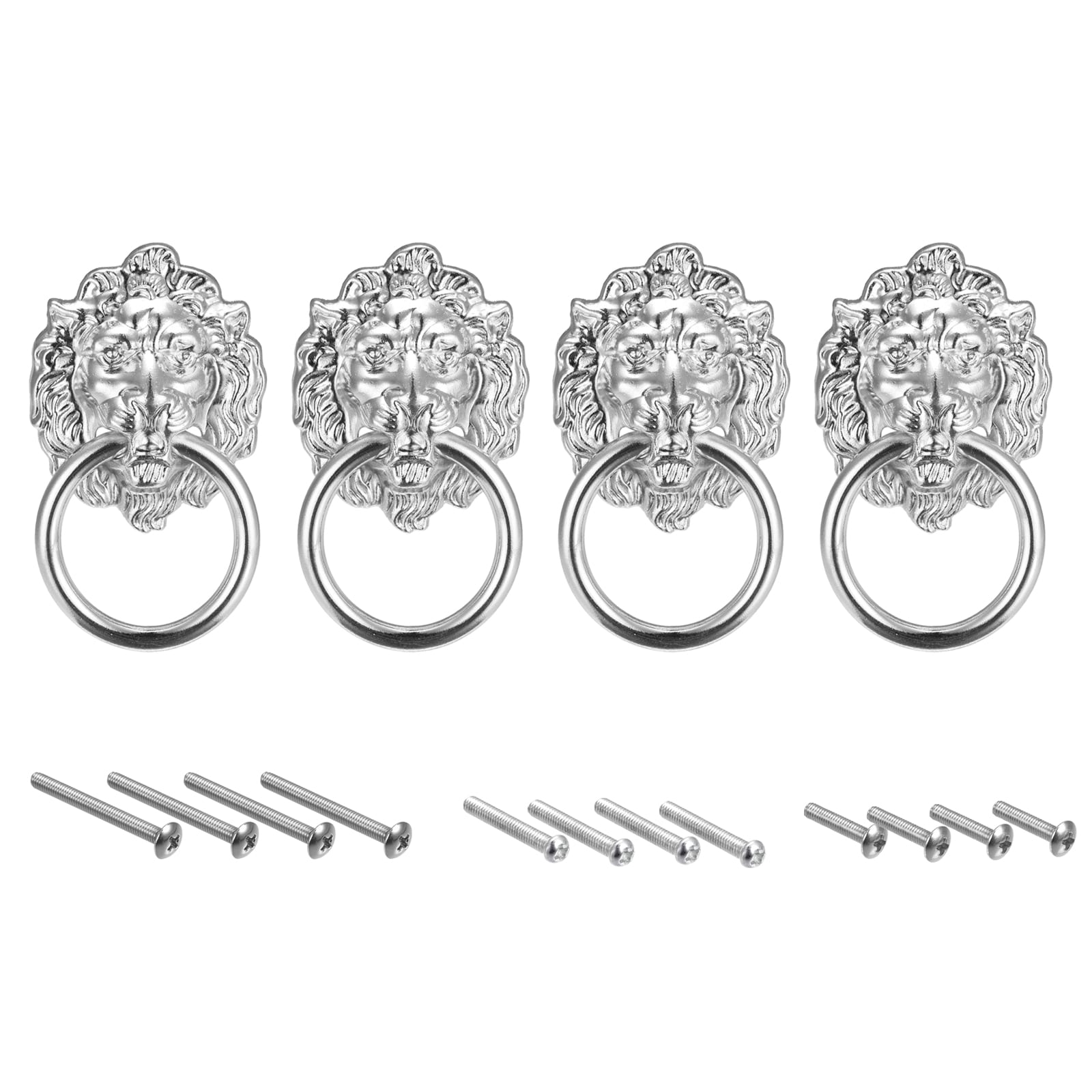 Unique Bargains - 4pcs Lion Head Pulls Knob 1.57Inch x 2.68Inch Silver Lion Head Drawer Pulls Rin...