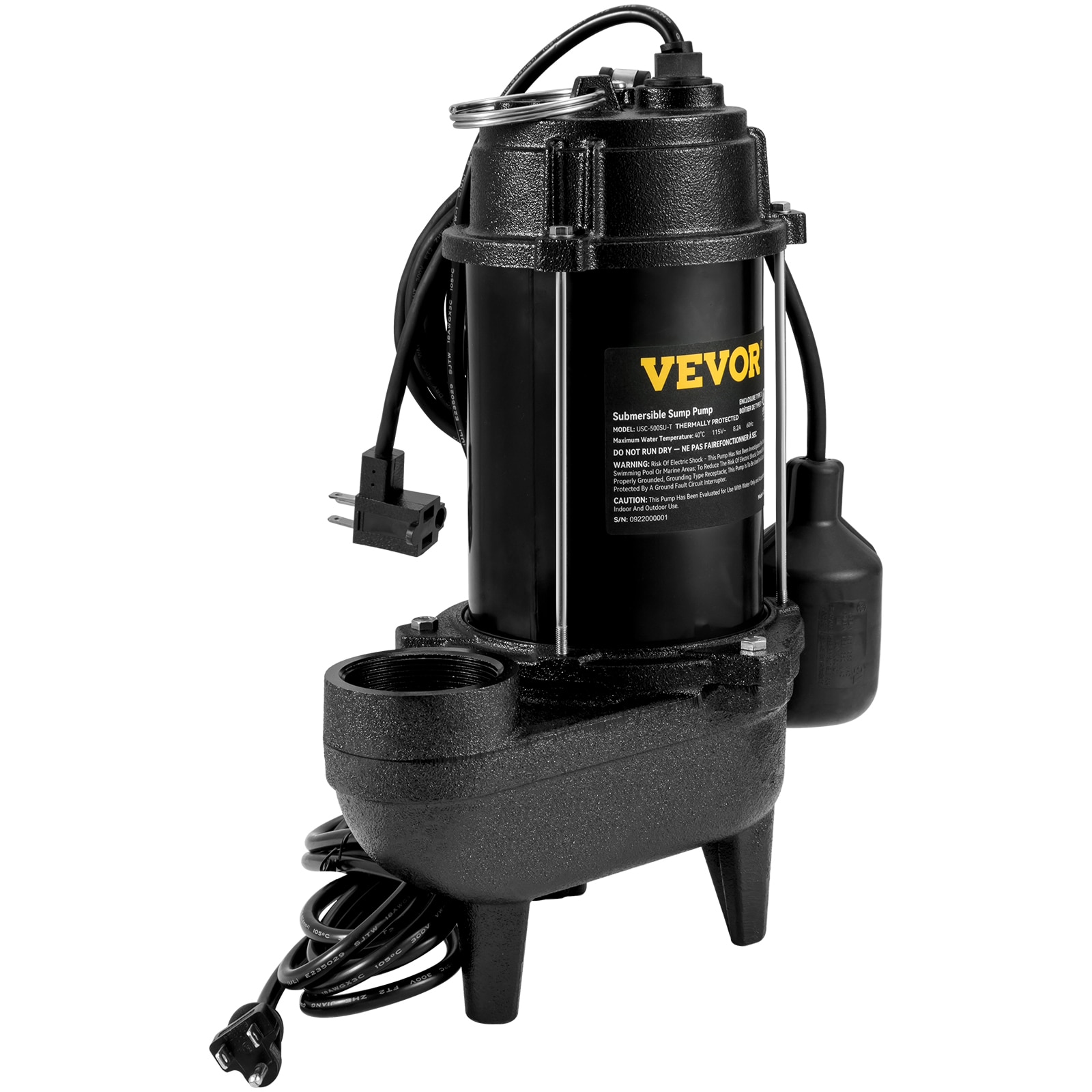 VEVOR 3/4 HP Black Cast Iron Submersible Sewage Pump with Float Switch