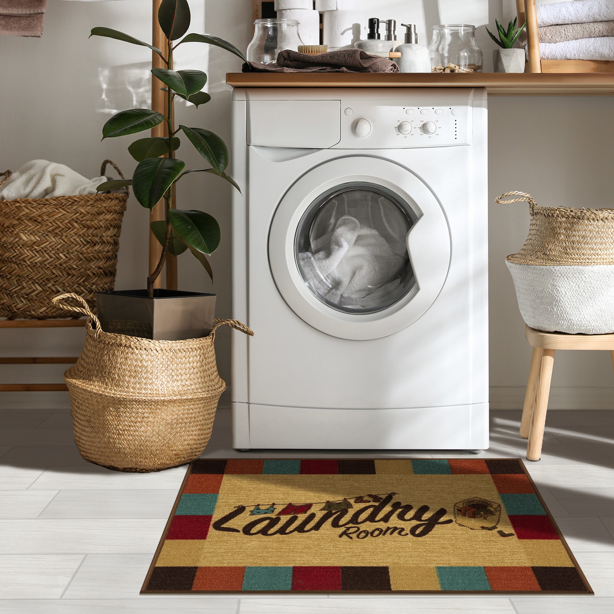Ottomanson WTN5019-2X3 Washtown 2 x 3 (ft) Loomed Nylon Multicolor Rectangular Indoor Border Mid-Century Modern Area rug