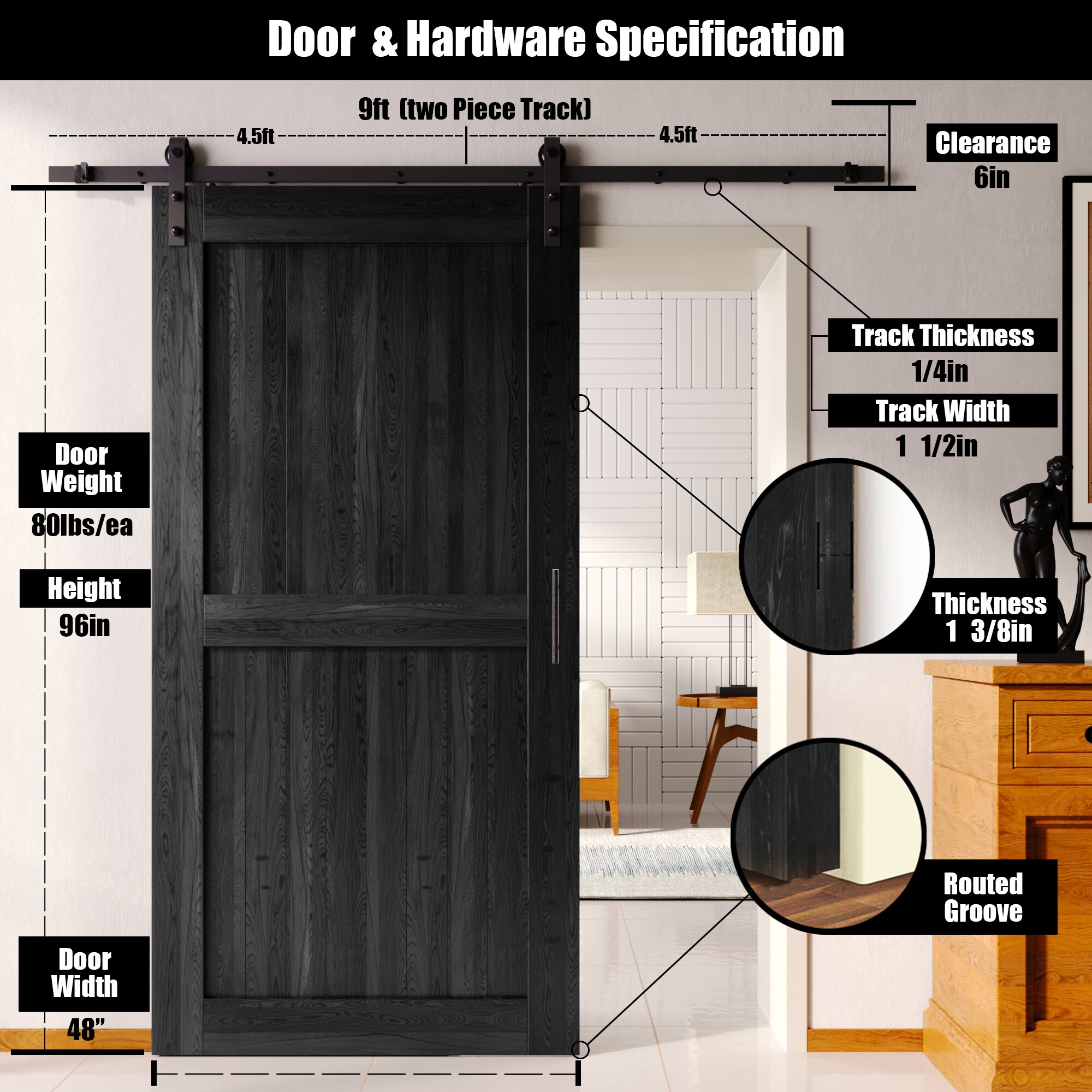 HOMACER YT1TGH108C-4896-H-BK Barn-Doors - View #2