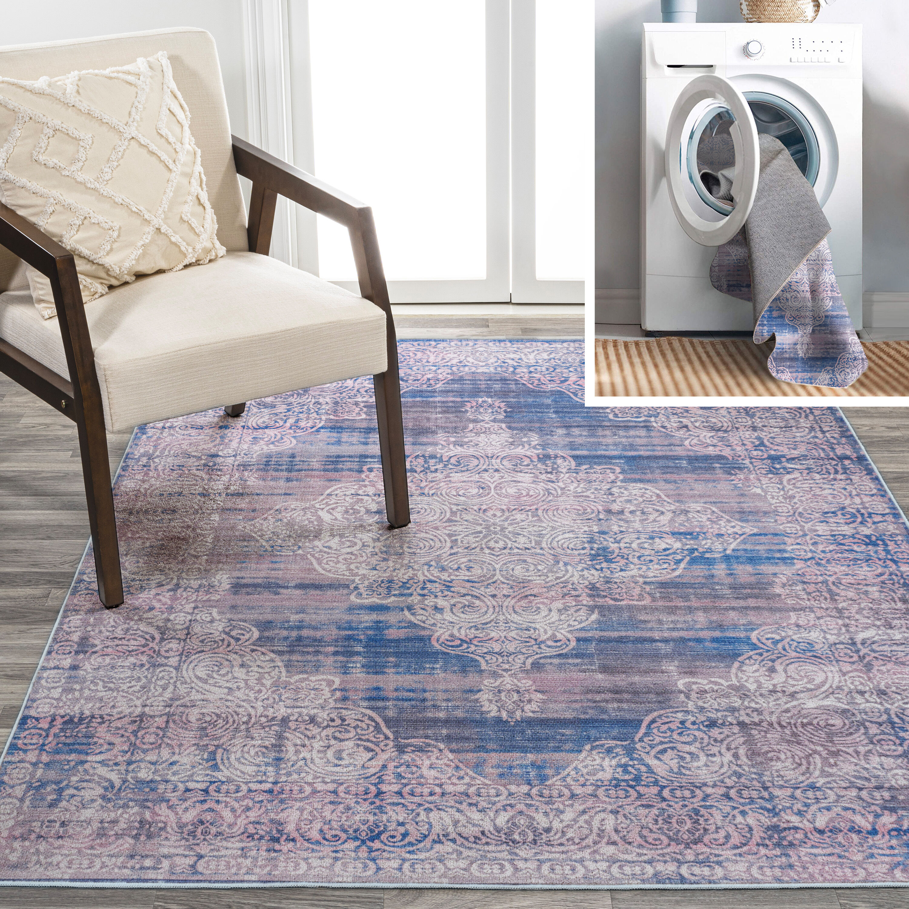 JONATHAN  Y WSH107A-3 WASHABLE Regis Bohemian Medallion 3 x 5 (ft) Loomed Polypropylene Blue Rectangular Indoor Border Farmhouse/Cottage Machine washable Area rug