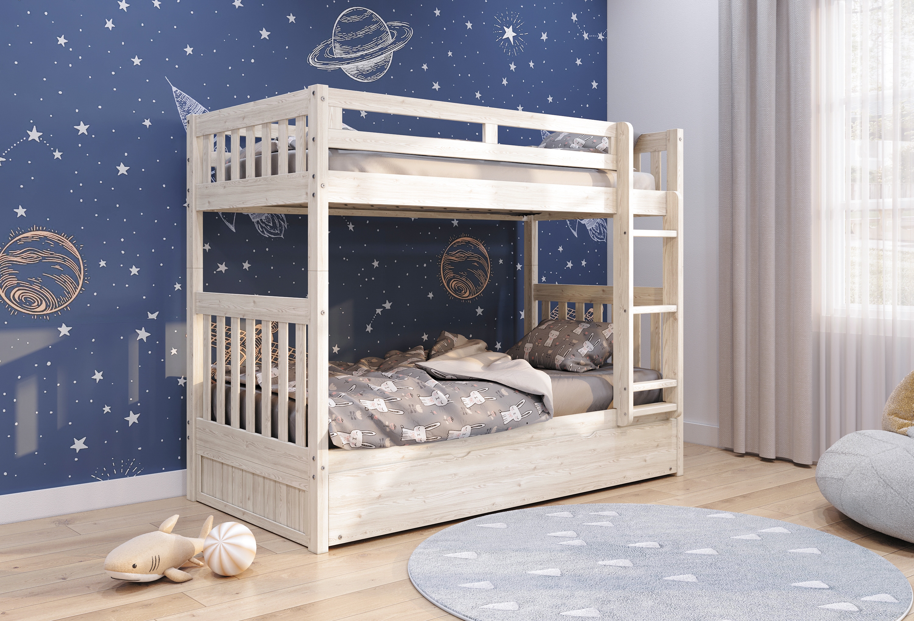 Light Ash Pine Twin Bunk Bed with Trundle and Storage