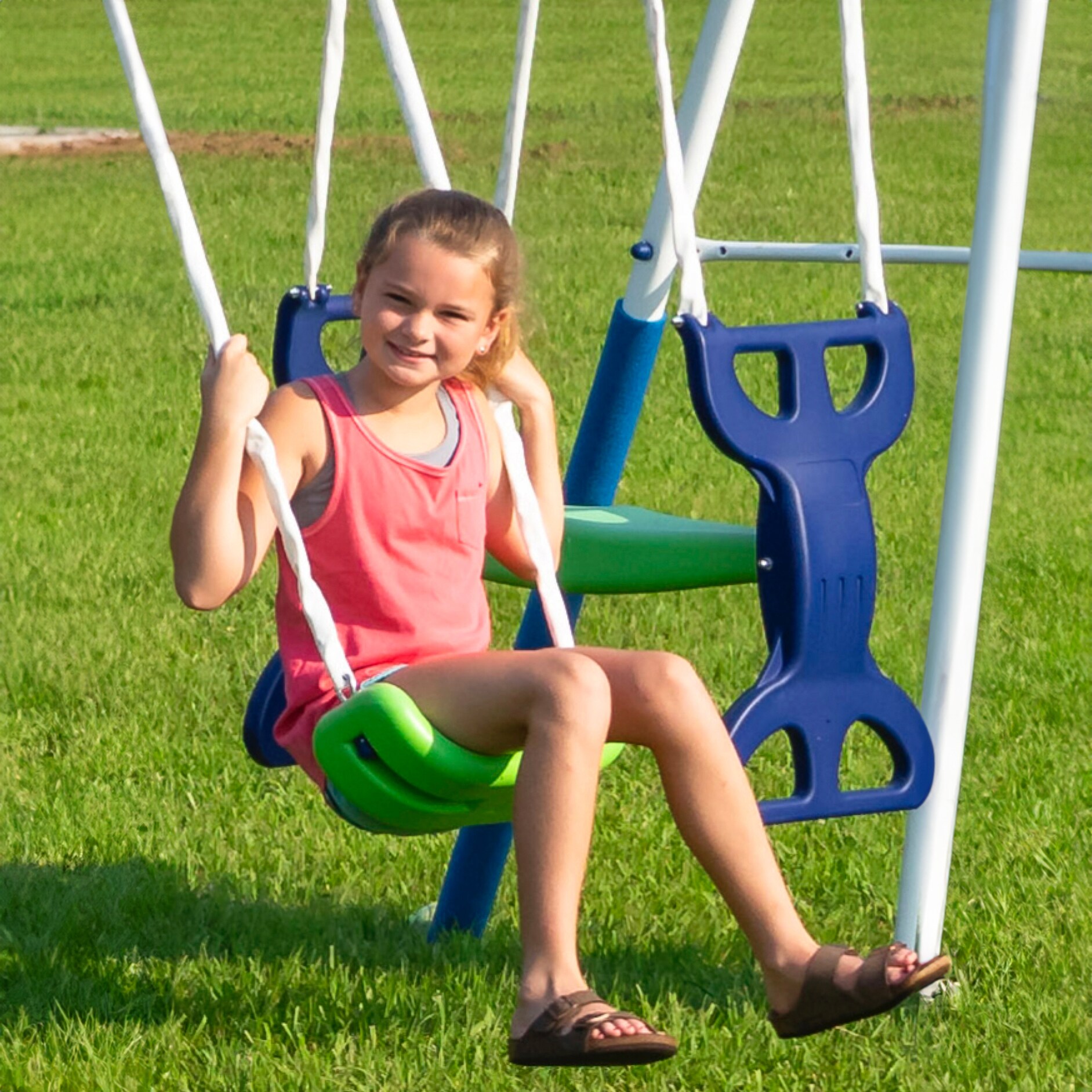 Blue and Green Metal Swing Set with Slide for 7 Kids