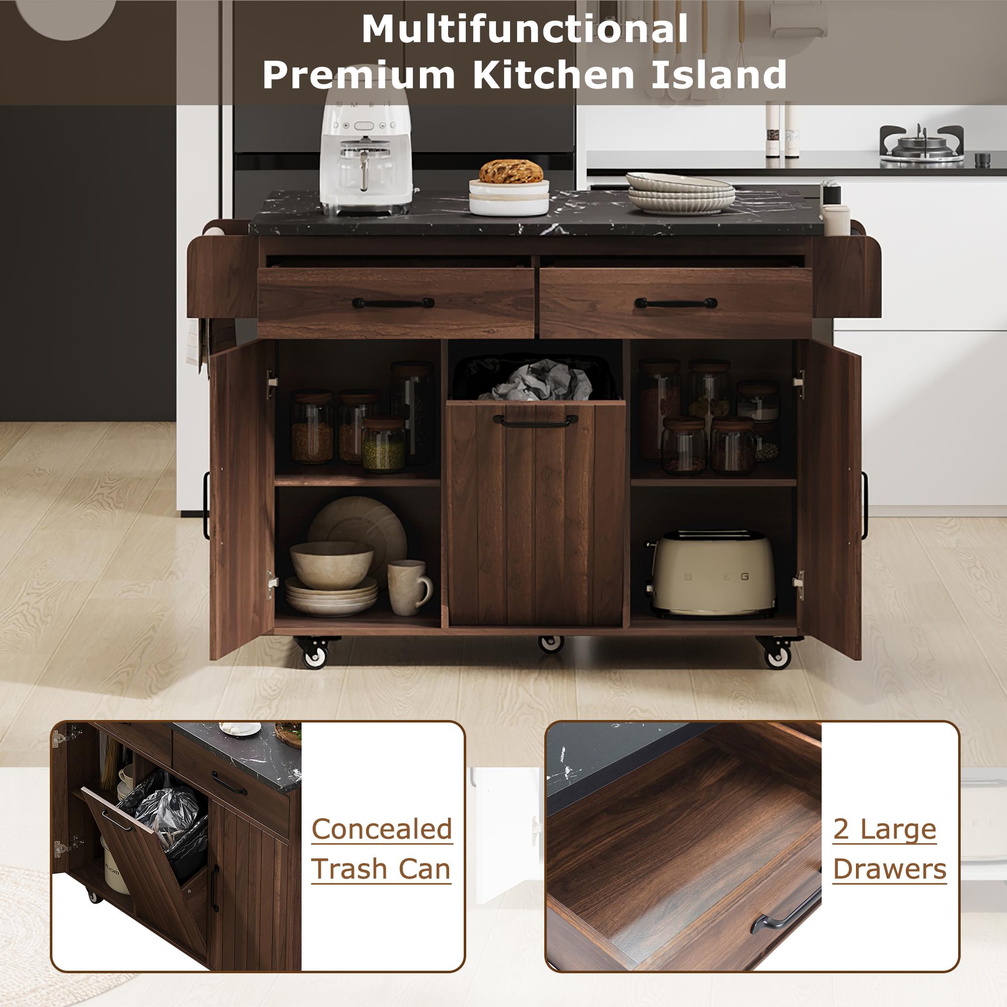 Bayfeve Kitchen Island with Trash Can Storage Cabinet, Kitchen Cart with Drop Leaf, Spice Rack, Towel Rack and Drawer, Rolling Kitchen Island on Wheels with Adjustable Shelf, Walnut Brown