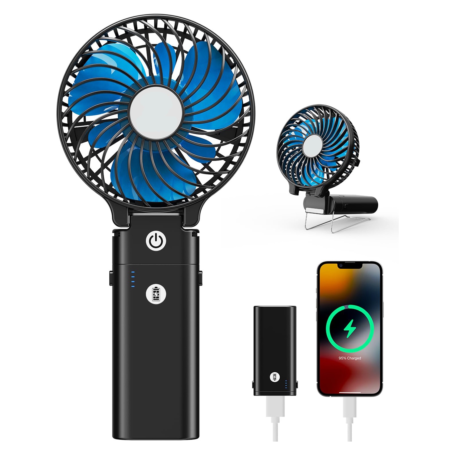 Misopily  Portable Mini Handheld Fan 3 Speed Foldable 180 Degree 3.9 x 2.25 x 4.7 Inch USB Rechargeable Personal Fan with Stand Black 1 Piece