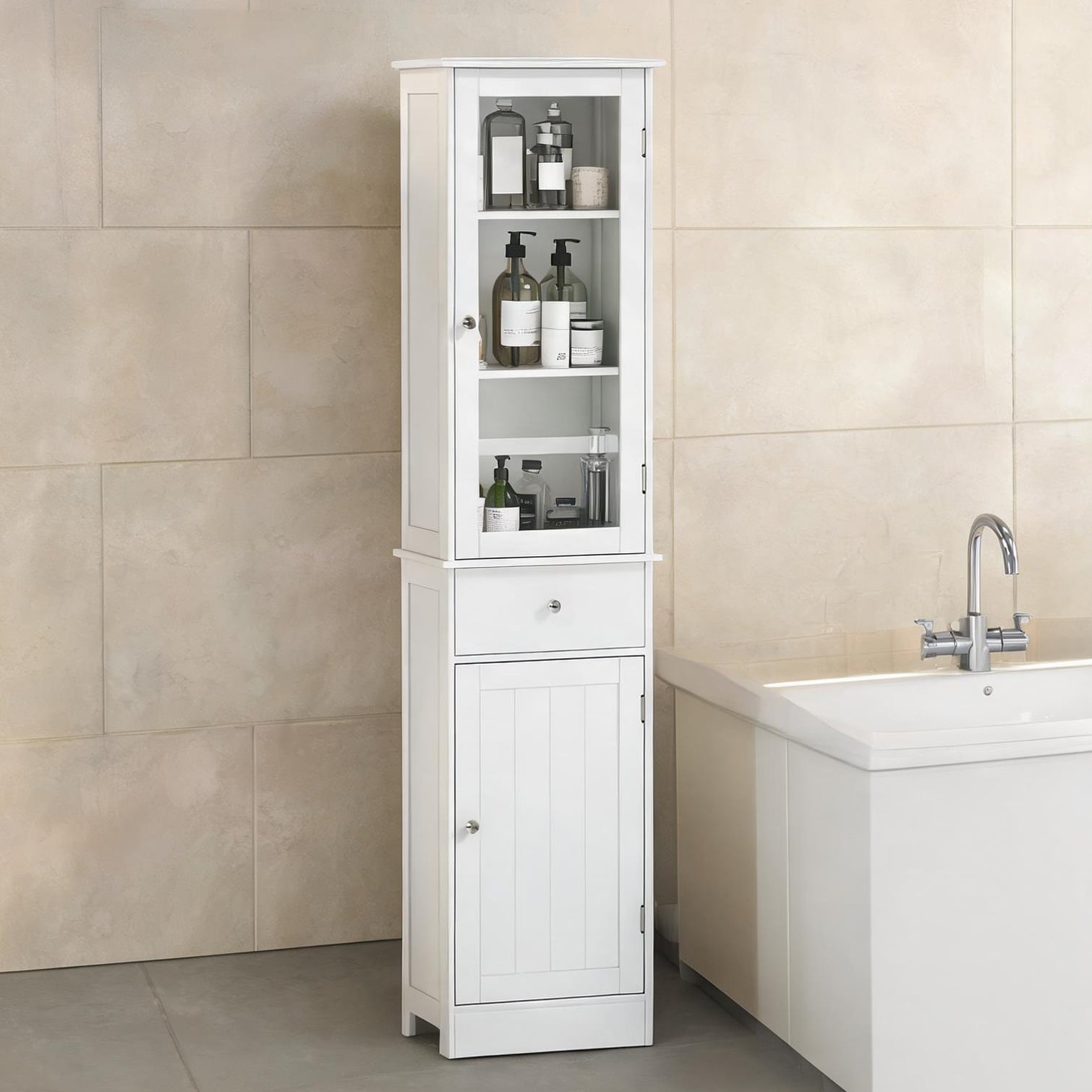 SunJet Tall White MDF and Acrylic Storage Cabinet with Arched Door and Drawer Slim Modern Linen Tower