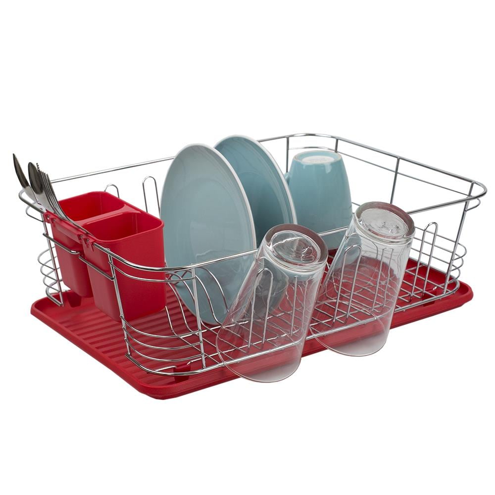 Home Basics 2 Tier Plastic Dish Drainer, Red