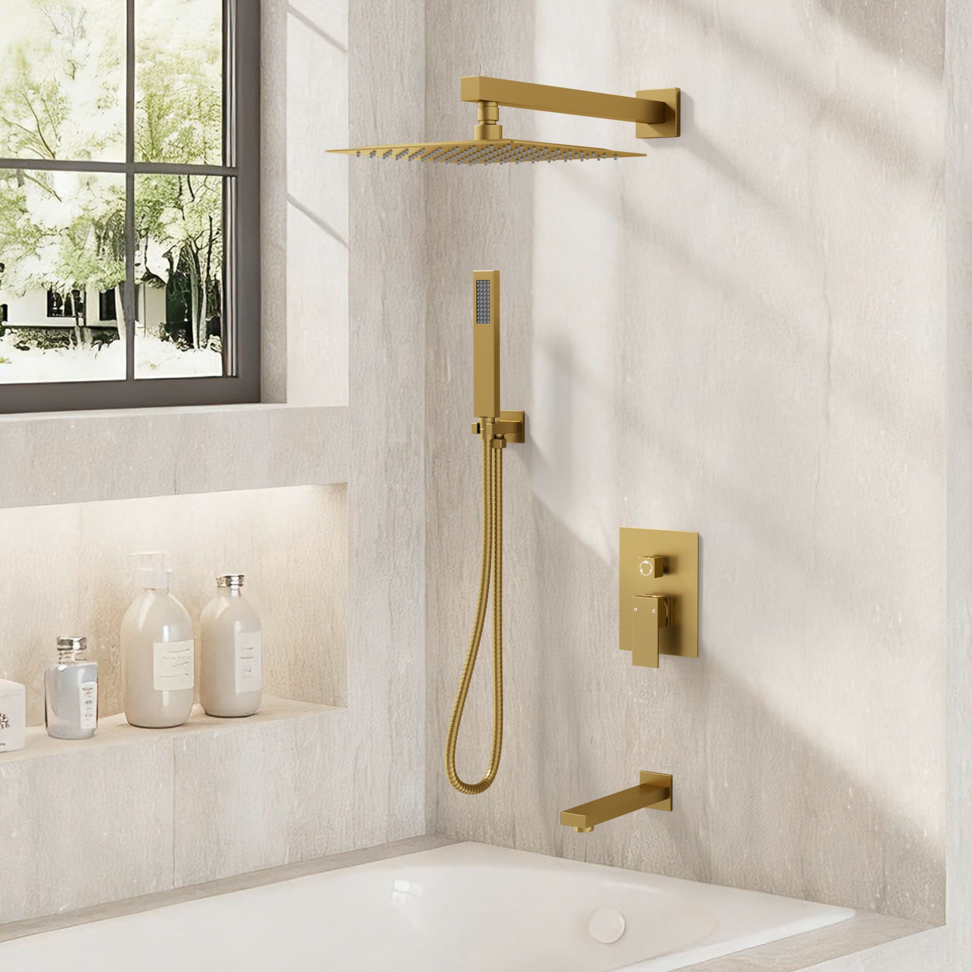 YAWWALK 3-Spray 10 in Wall Mounted Waterfall Rain Shower Combo with Handheld and 2.5 GPM Tub Spout Anti Scald Pressure Balance Valve Brushed Gold