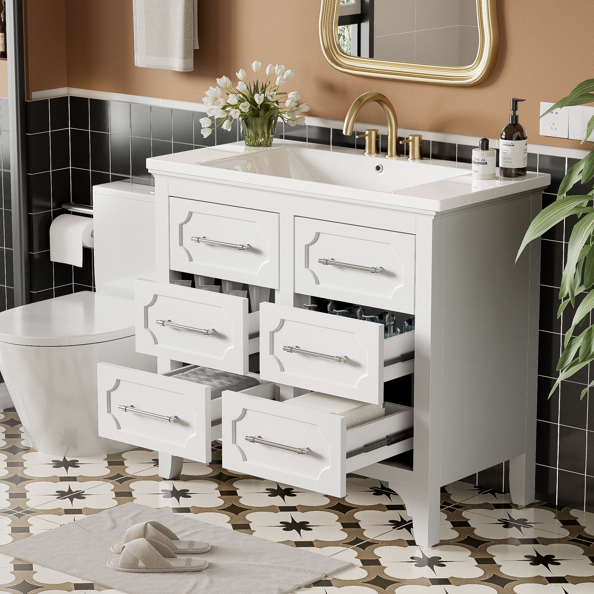 LOVMOR SF-M-SW000128AAK-1 36Inch Bathroom Vanity with Resin Sink Combo Free Standing Single Vanity Set with Four Drawers Solid Wood Frame Bathroom Storage Cabinet