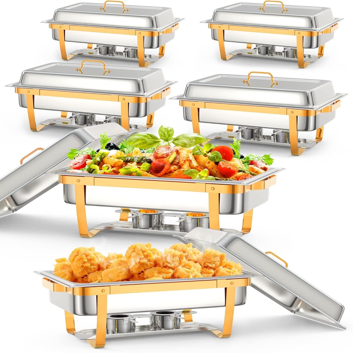Qeetex LSHQPHO-16OK0E3G 6 Packs 8QT Chafing Dish Buffet Set Stainless Steel Chafers and Warmers Food Servers Sets with Folding Frame