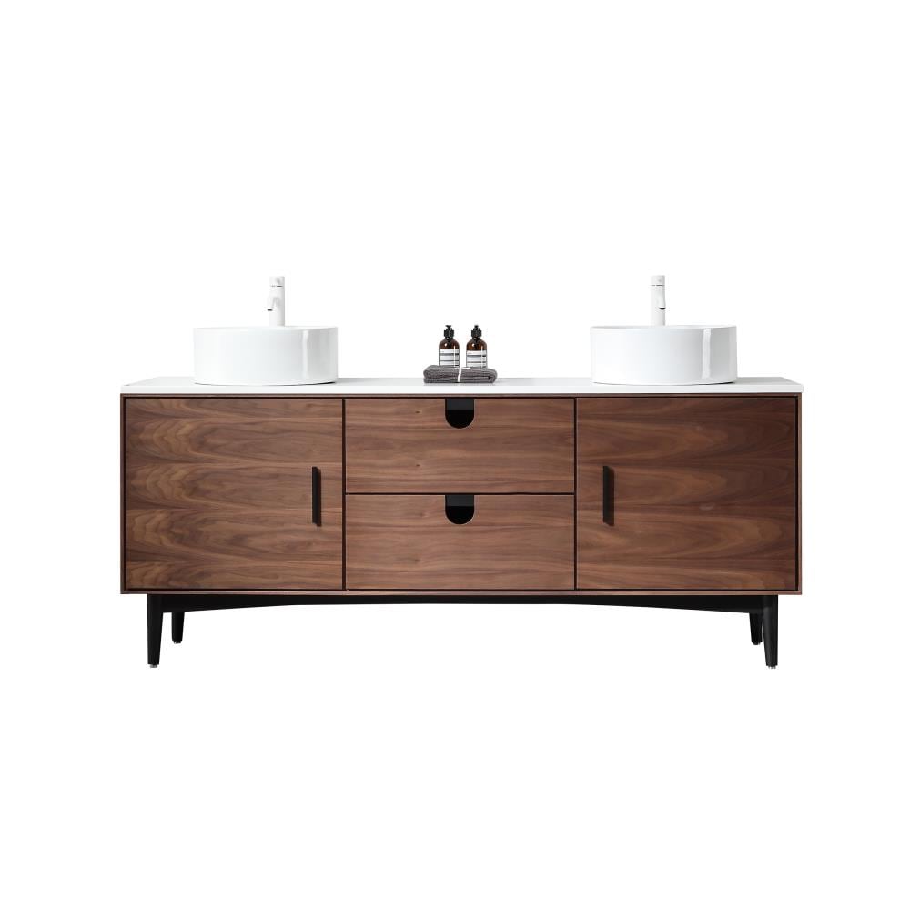 85 Modern Floating Double Sink Bathroom Vanity Set with Makeup Table  Walnut