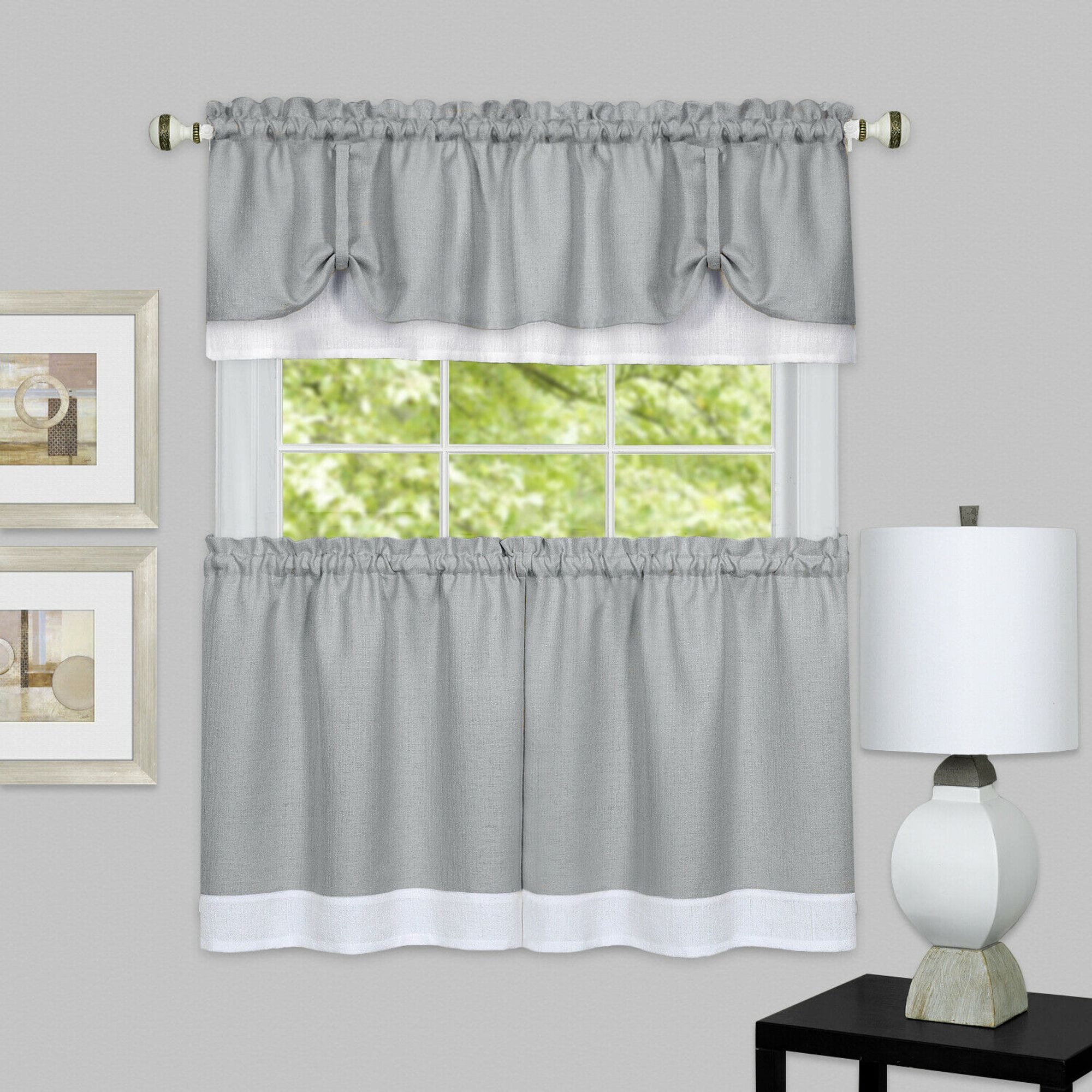 KATE AURORA - Shabby Country Farmhouse Flax Styled Sheer Cafe 3 Piece Kitchen Curtain Tier and Va...