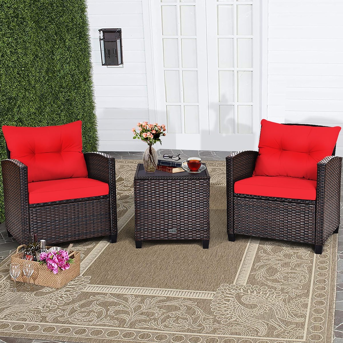 Costway HW63759RE 3PCS Patio Rattan Furniture Set Cushioned Conversation Set Sofa Coffee Table Red